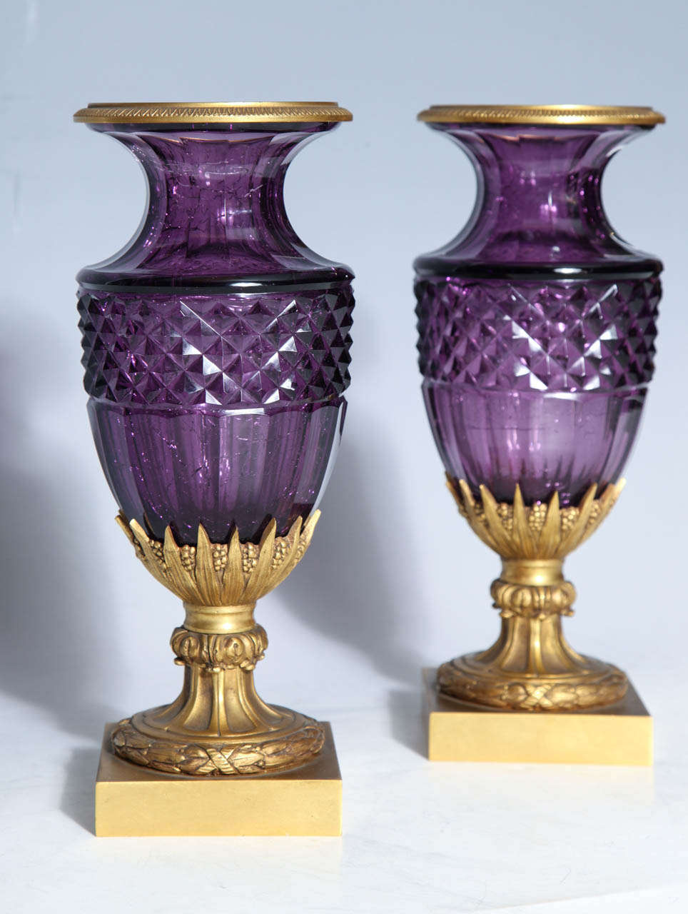 Fine Pair of Antique Russian Amethyst Cut Crystal Vases in Dore Bronze