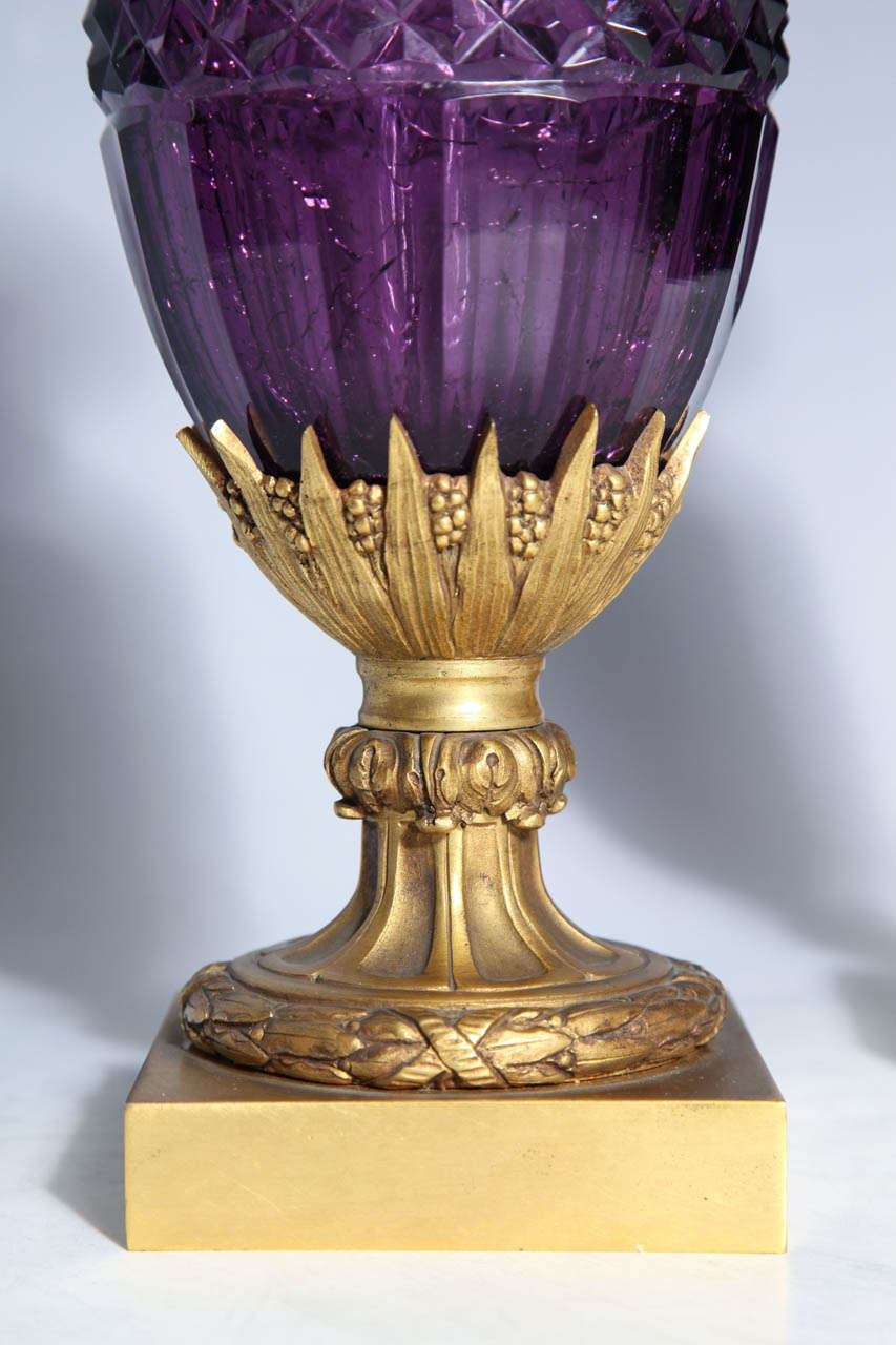 Fine Pair of Antique Russian Amethyst Cut Crystal Vases in Dore Bronze