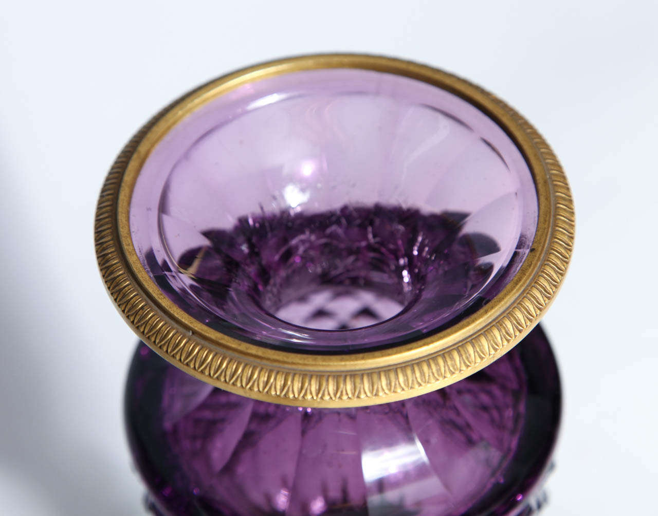 Fine Pair of Antique Russian Amethyst Cut Crystal Vases in Dore Bronze