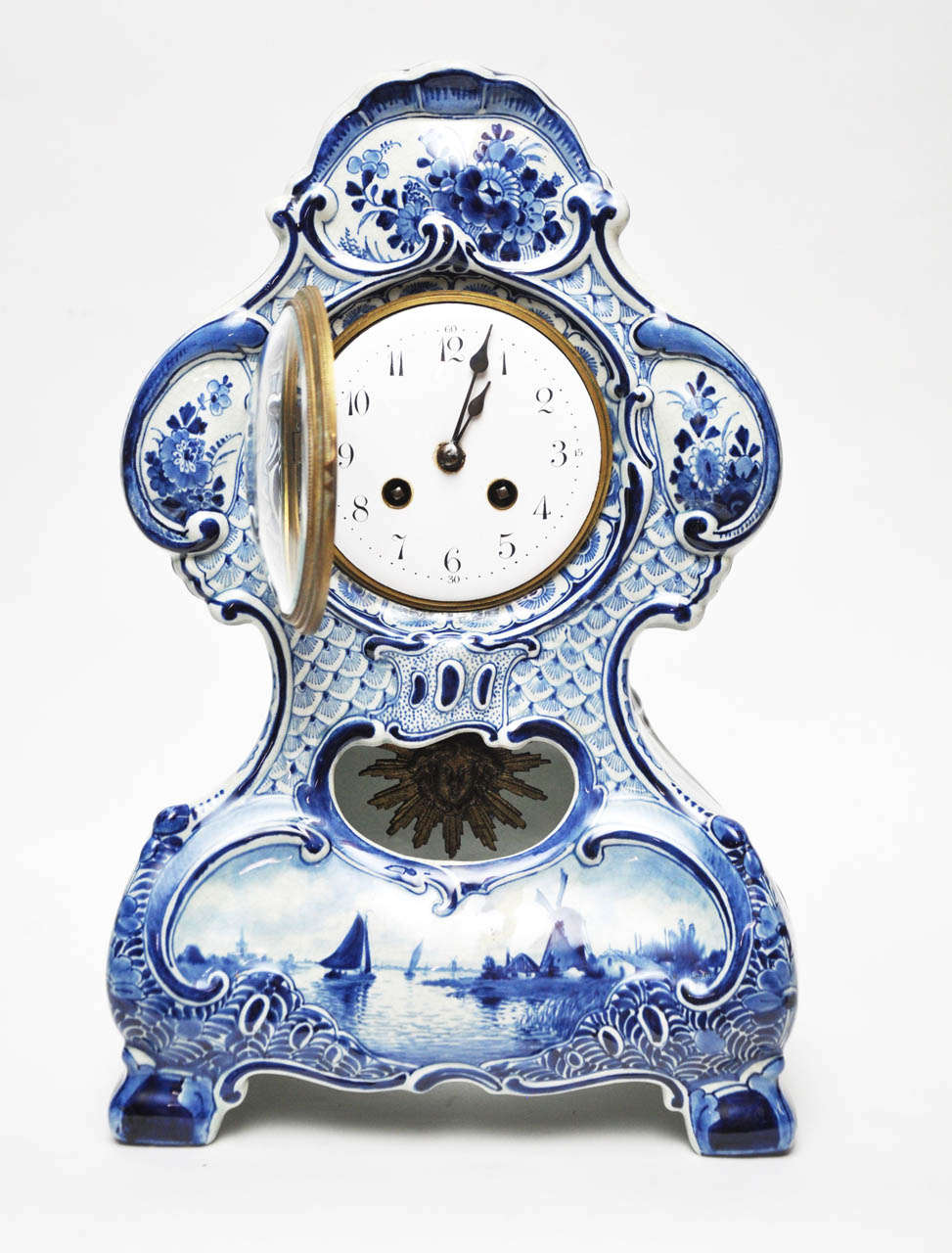 Country Delft Porcelain Mantel Clock For Sale