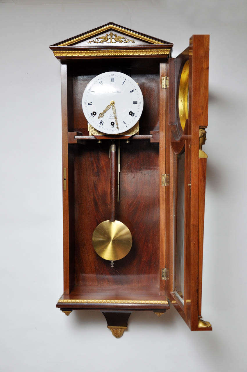 French Mahogany Empire Style Westminster Chime Wall Clock For Sale at