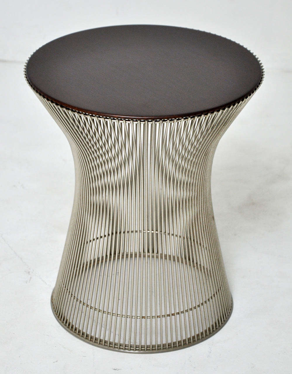 Nickel frame side table with refinished dark walnut top. Designed by Warren Platner for Knoll.