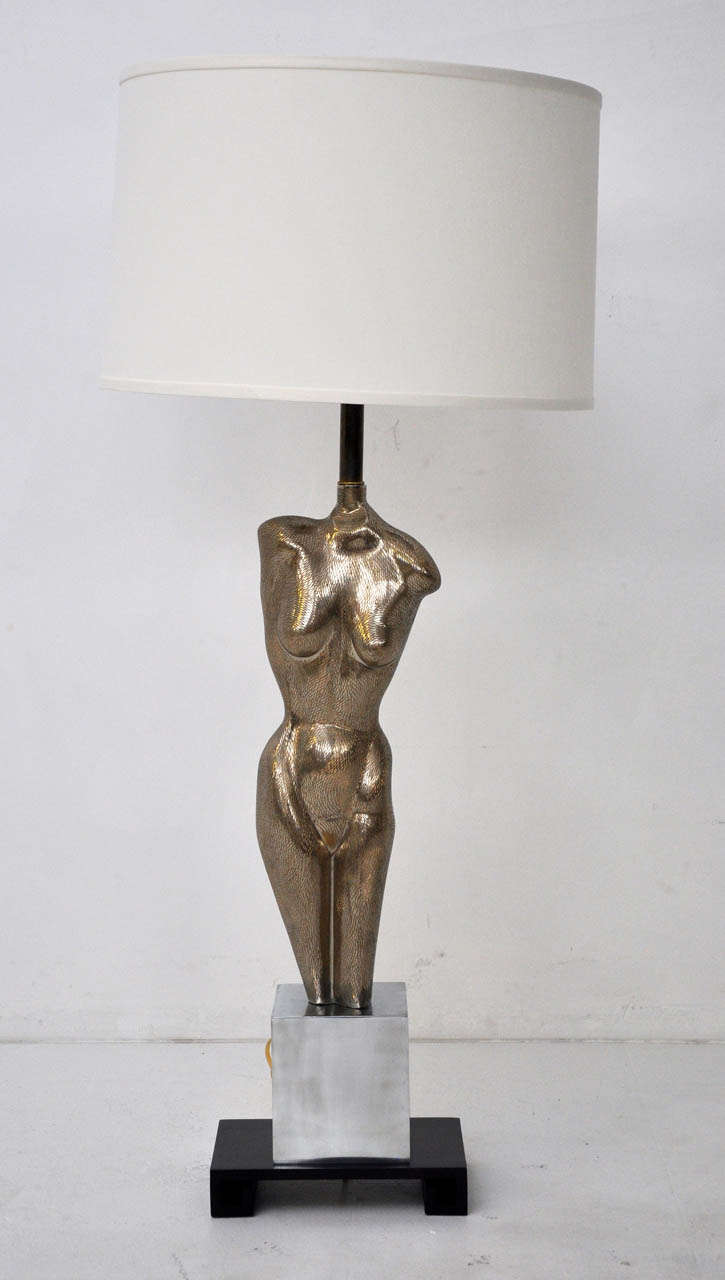 Sculptural form lamp of nude woman. Nickel-plated brass body. Rewired and restored. 42