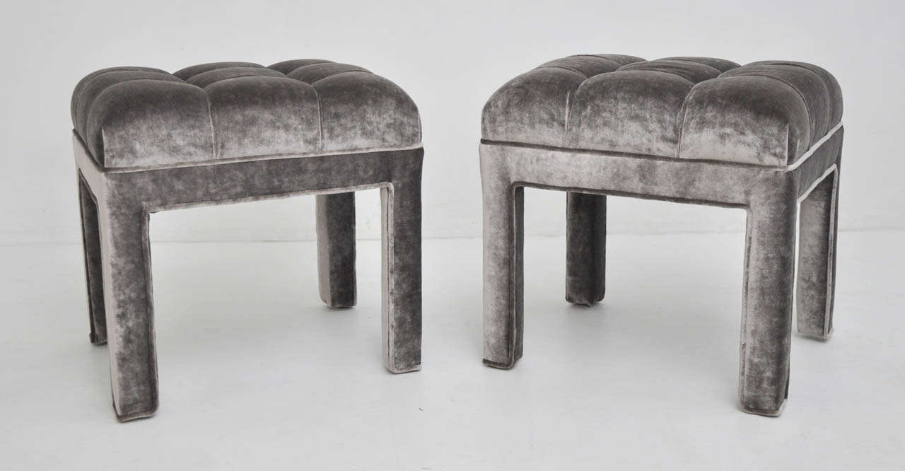 Pair of tufted stools by Miulo Baughman.  Newly upholstered in viscose velvet.