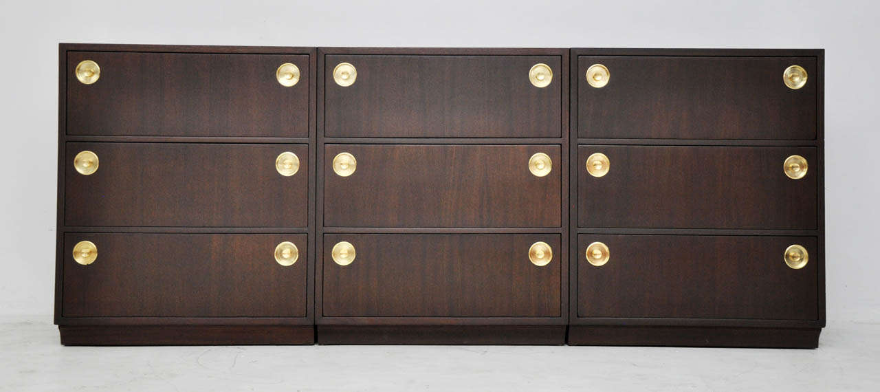 Set of three chests of drawers. Designed by Edward Wormley for Dunbar. Mahogany has been refinished in espresso tone.  Each chest is 32