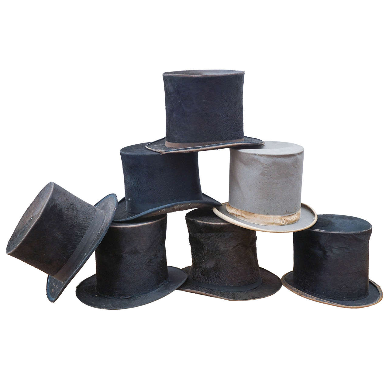 Set of Seven Antique Milliner Beaver Top Hats