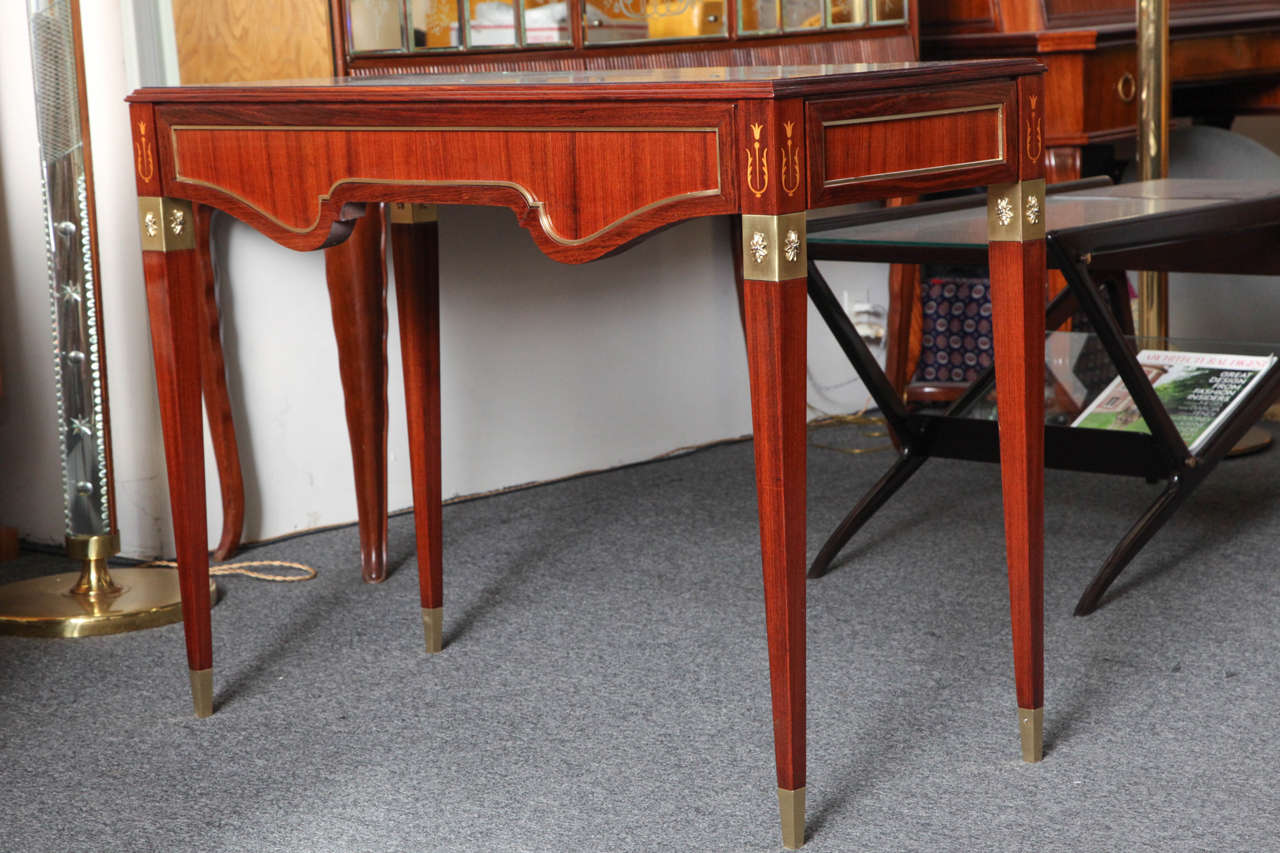 Stunning writing table designed by Paolo Buffa made in Italy 1948 by Marelli & Colico, Cantu'. Rosewood, brass mounts with fruitwood marquetry on legs top in reverse painted glass, exquisite workmanship very unusual form a jewel.