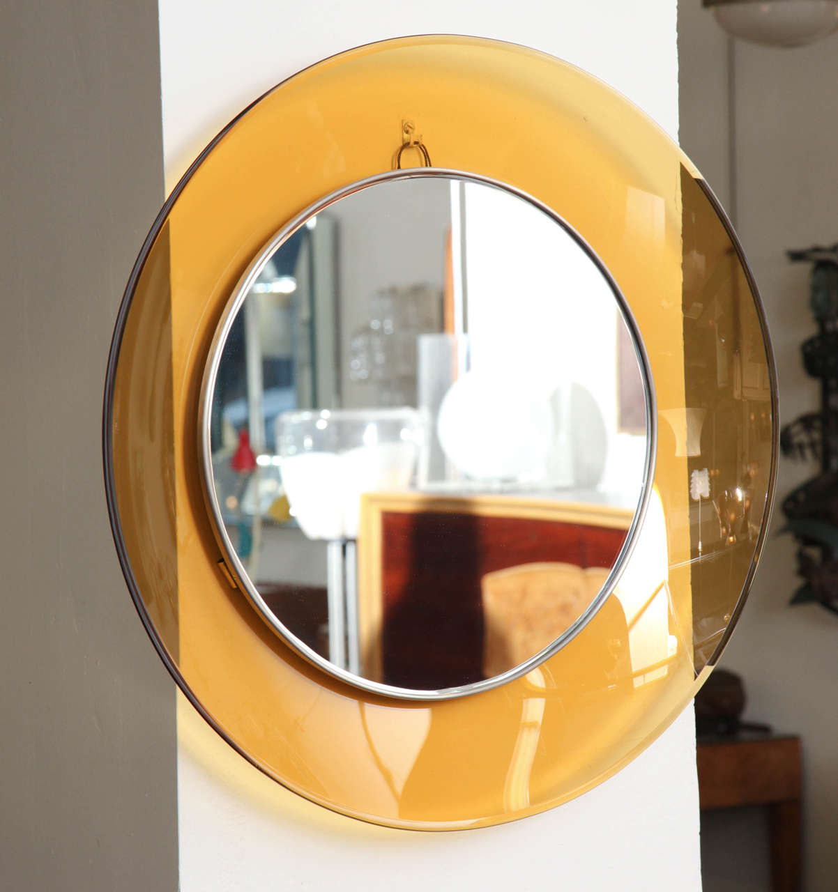 Stunning Fontana Arte gold curved beveled edge mirror with a chrome inner frame, designed in 1960, beautiful quality.