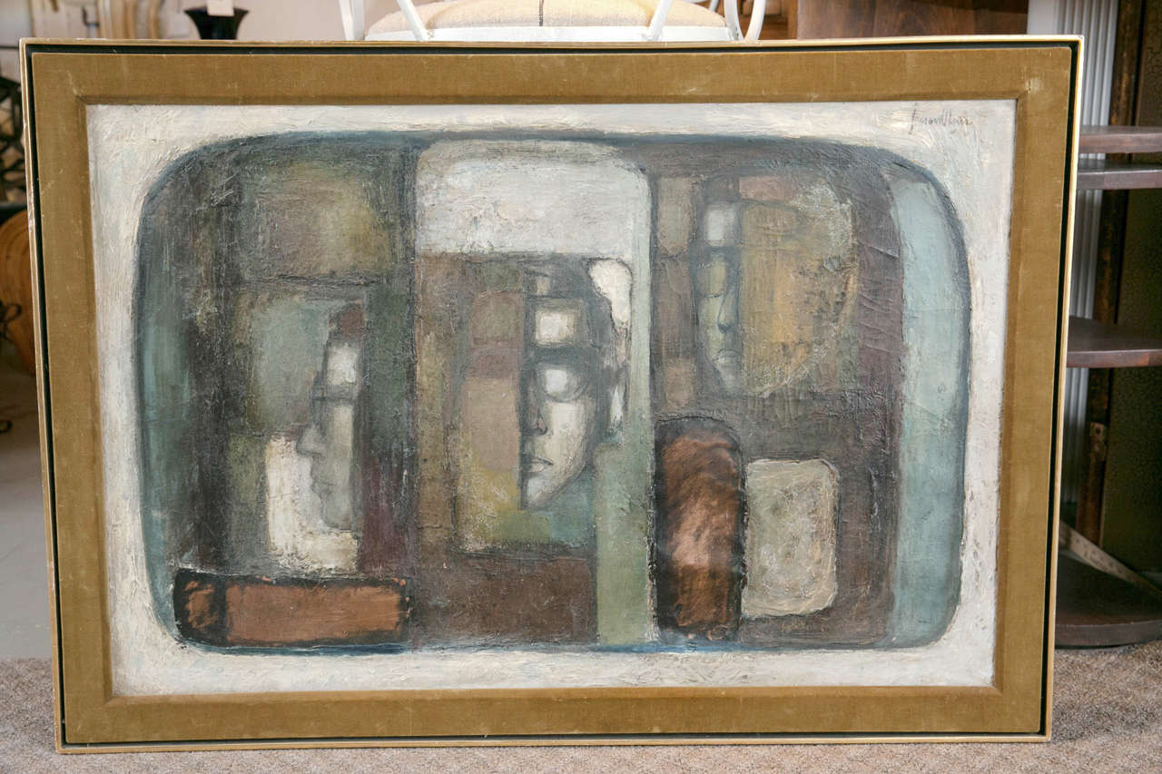 A mid-century, abstract cubist painting, with original velvet linen.