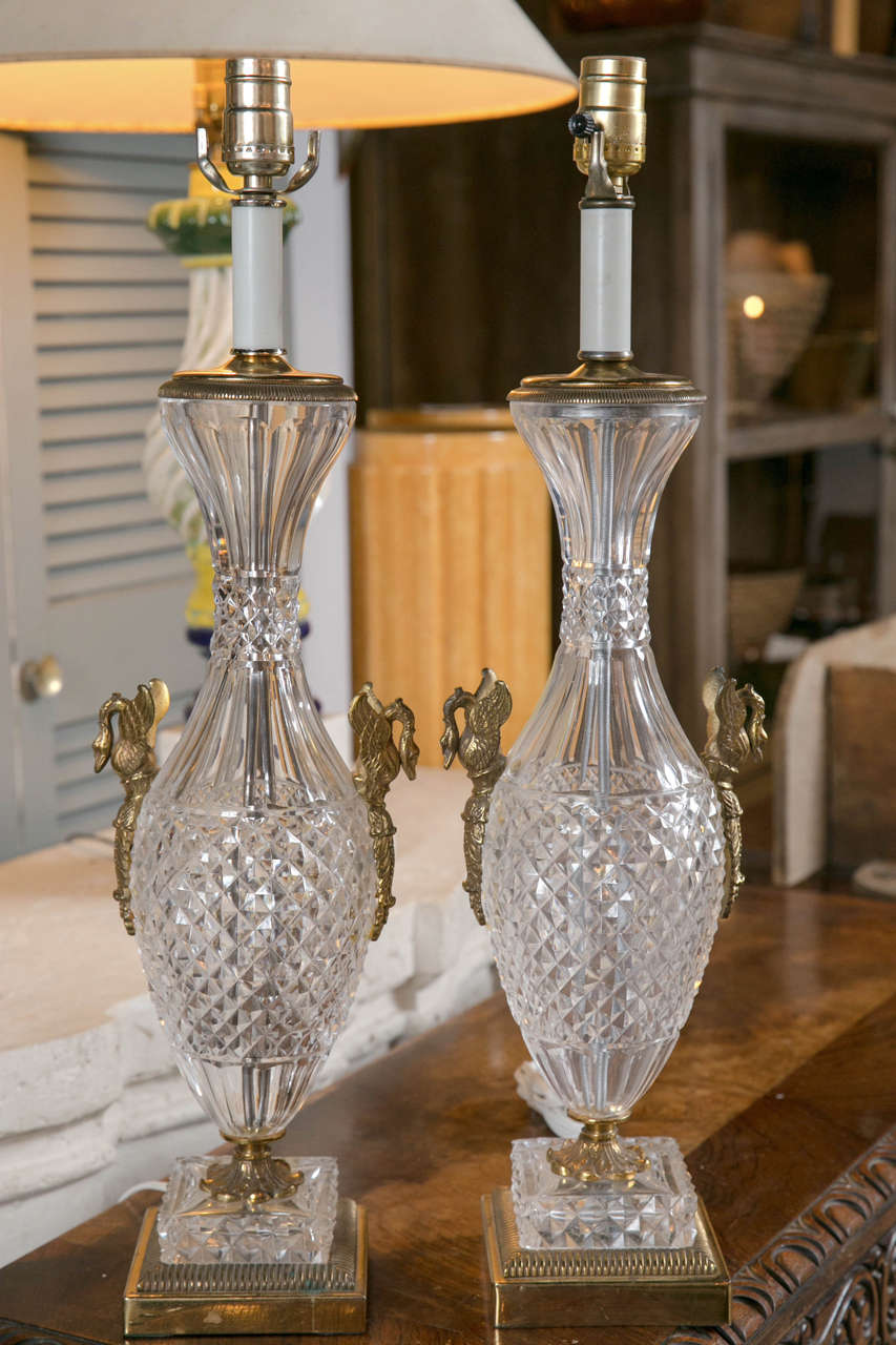 Pair of Baccarat Crystal and Gilt Bronze Lamps