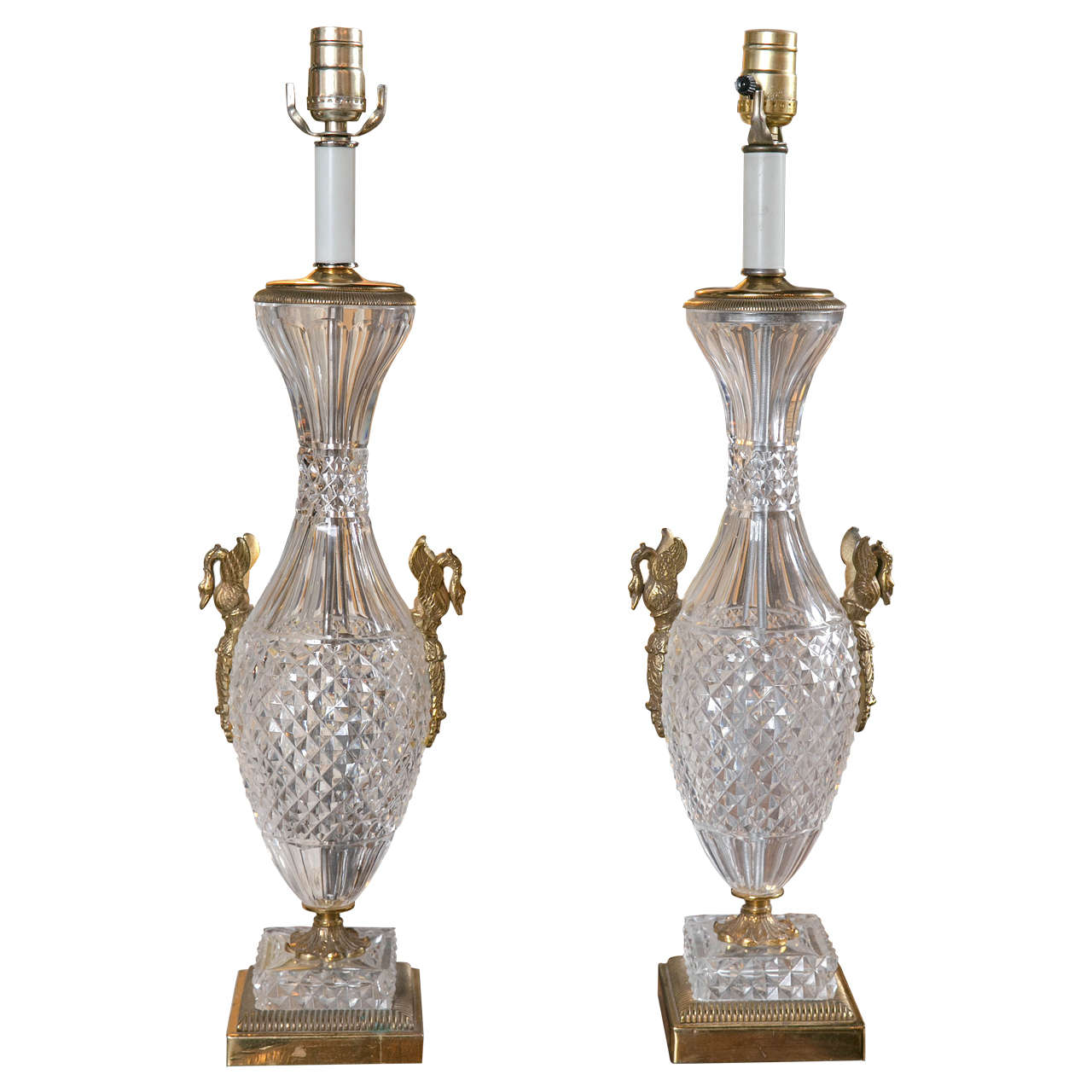 Pair of Baccarat Crystal and Gilt Bronze Lamps For Sale