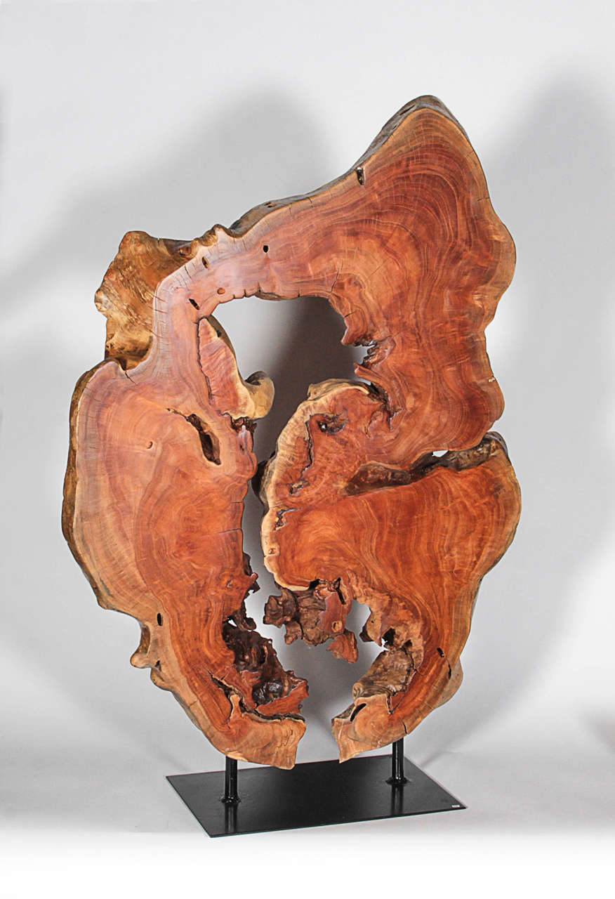 Thai hardwood lacquered sculpture on an iron base. Wood comes from a Neem tree, part of the Mahogany family. Personally selected by Donna Karan for her Urban Zen brand.