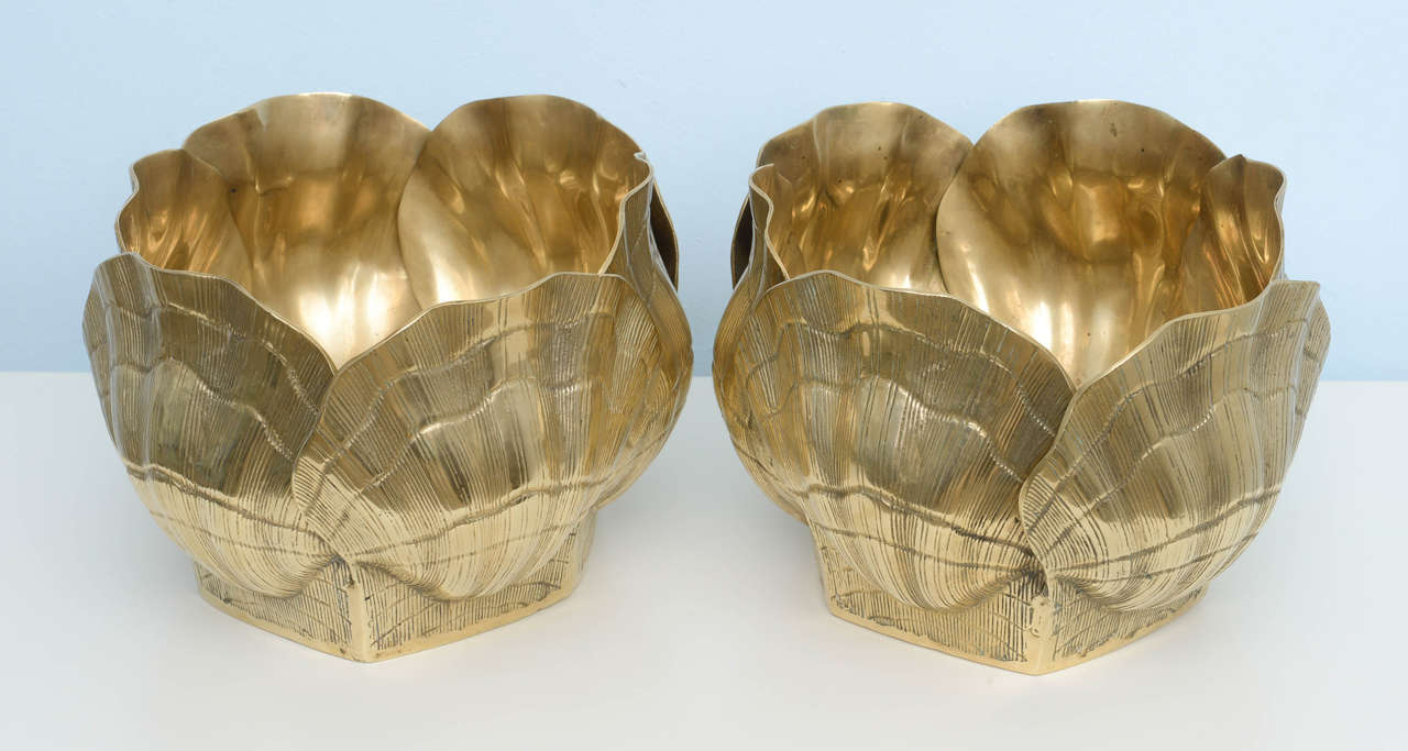 Forged Large Chic 1970s Pair of Nautical, Shells Brass Planters or Bowls
