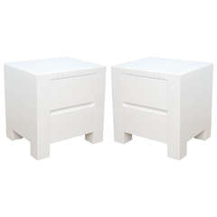 Pair of Modern White Hi-Gloss and Marble-Top Nightstands