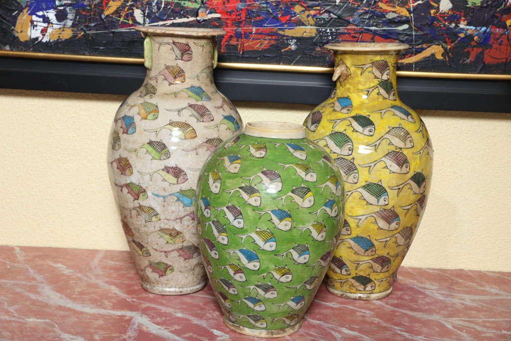 Beautiful hand painted vases in multi color fish design , could be also <br />
Great table lamp.