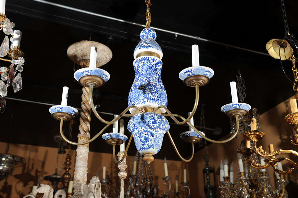 Dutch Baroque Style blue and white porcelain chandelier.  Six arms newly wired.  UL listing available for an additional fee.