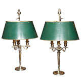 Pair French silver plate bouillotte lamps. Tole shades.
