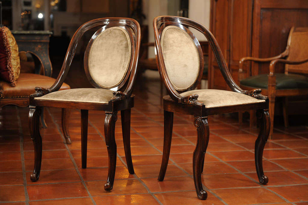 Pair: 19th C. Empire Mahogany , Upholstered Swan Armchairs