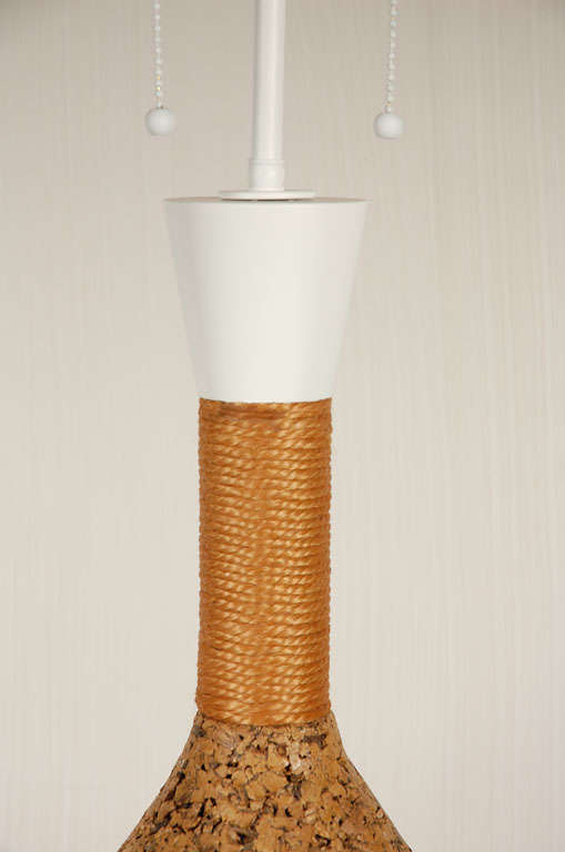 Mid-20th Century Tall Vintage Cork, Rope and Ceramic Table Lamp