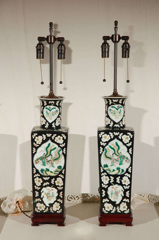 Pair of Antique Chinese Polychrome Glazed Vases Mounted as Lamps