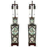 Pair of Antique Chinese Polychrome Glazed Vases Mounted as Lamps