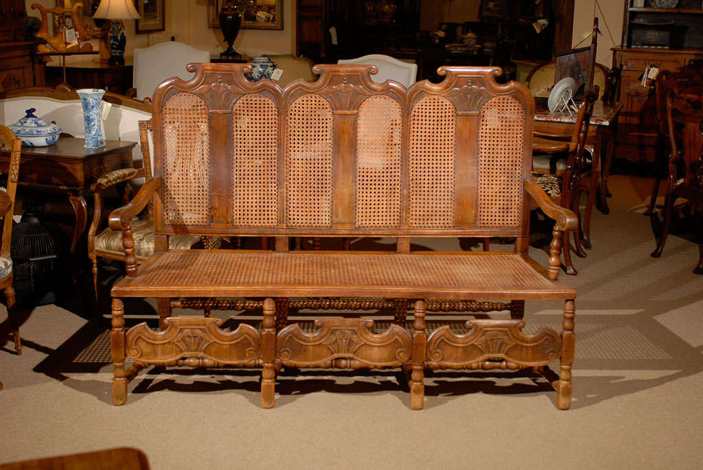 Triple back Caned Dutch Bench in Walnut, ca. 1850 2