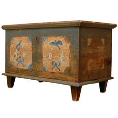 Austrian Painted Trunk from the Mid-19th Century with Blue Birds and Ribbons