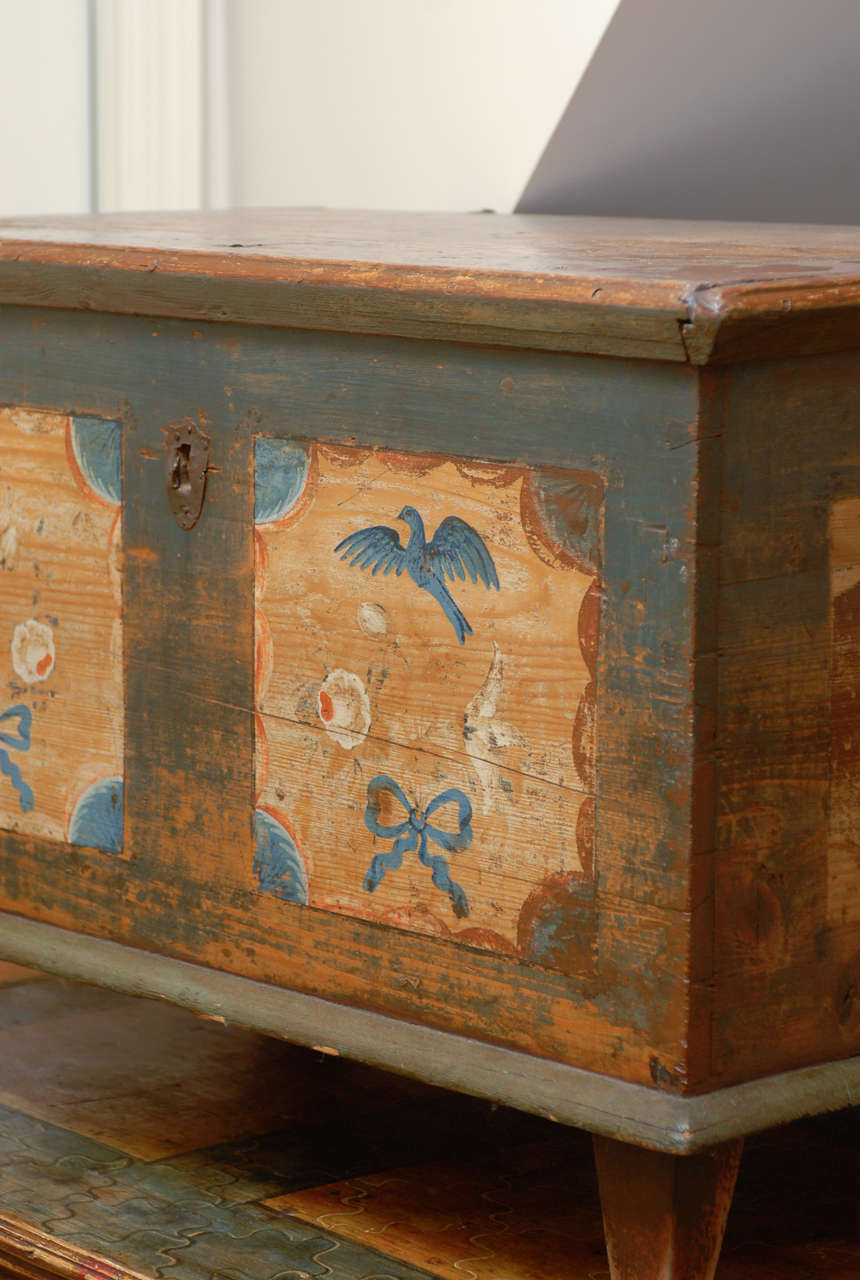 Hand-Painted Austrian Painted Trunk from the Mid-19th Century with Blue Birds and Ribbons