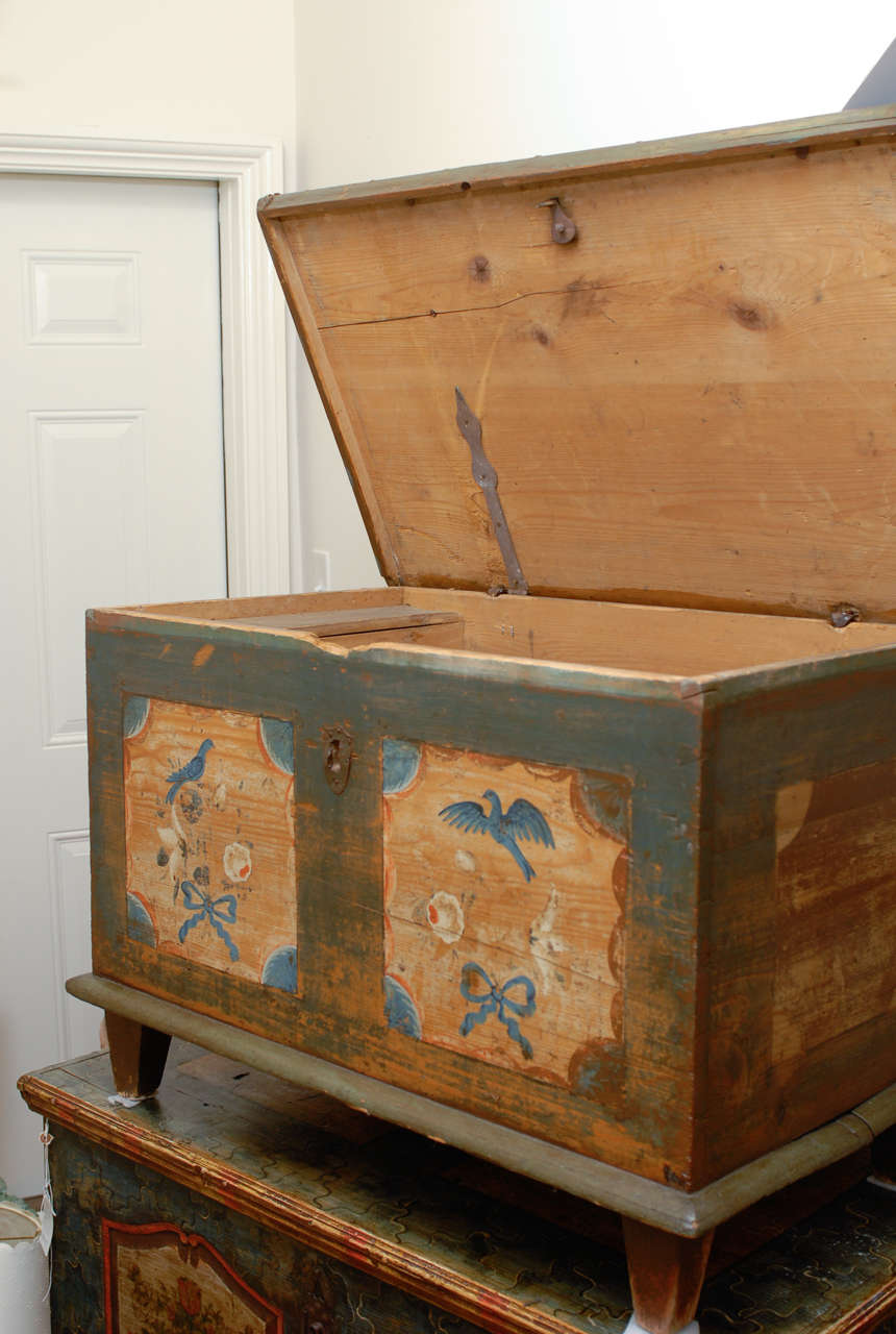 Wood Austrian Painted Trunk from the Mid-19th Century with Blue Birds and Ribbons