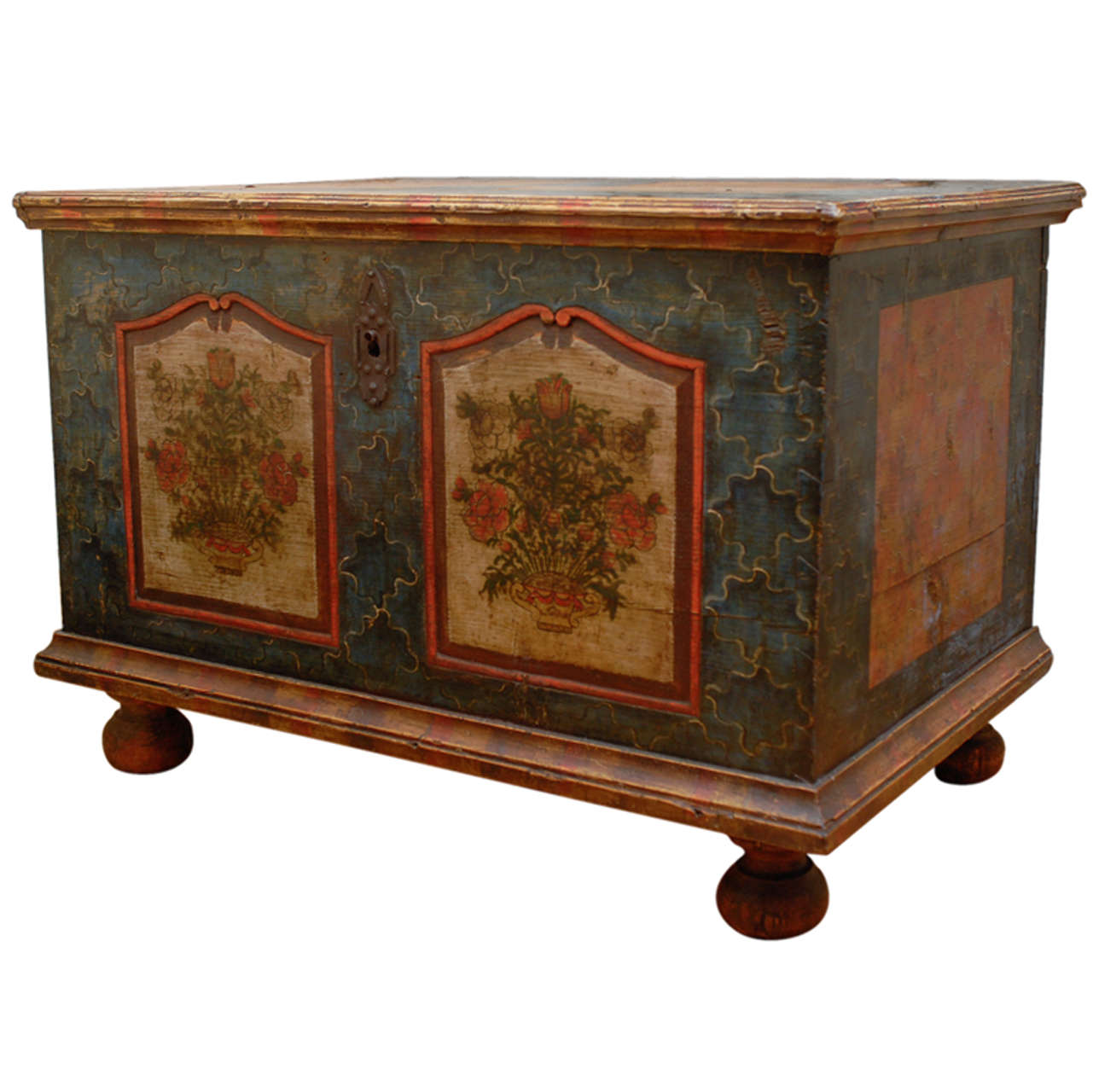 Austrian Bohemian 1840s Blue Painted Trunk with Jigsaw Patterns and Flowers