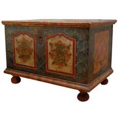 Austrian Bohemian 1840s Blue Painted Trunk with Jigsaw Patterns and Flowers