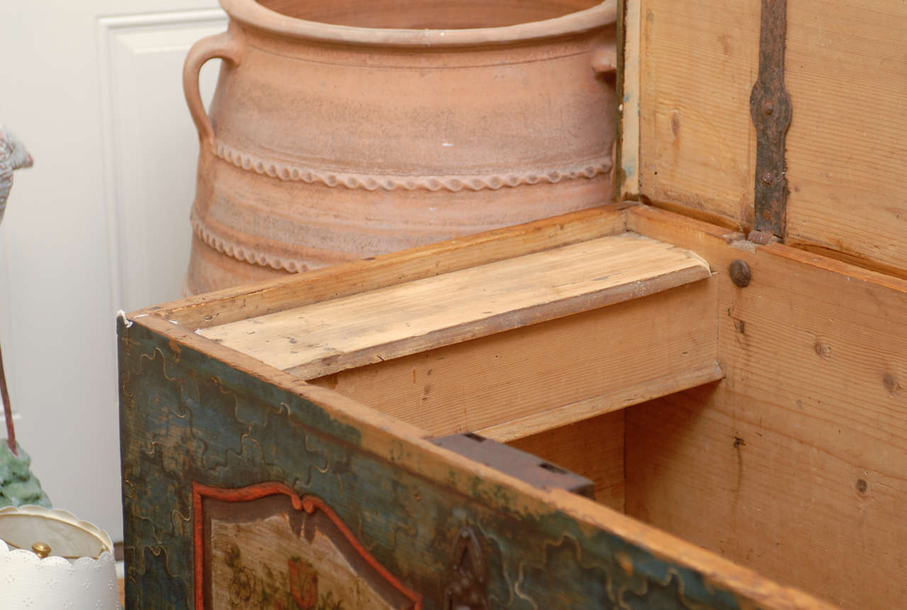 19th Century Austrian Bohemian 1840s Blue Painted Trunk with Jigsaw Patterns and Flowers