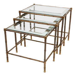 Set of Three Italian Faux Bamboo Brass and Glass Nesting Tables