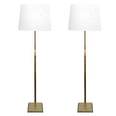 Pair of Polished Brass Adjustable Floor Lamps with Custom Linen Shades Pair of Polished Brass Adjustable Floor Lamps with Custom Linen Shades