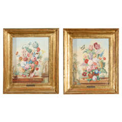 Pair of Mid-19th Century Austrian Gilt Framed Botanical Watercolors, signed