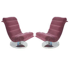 Milo Baughman Mid Century Upholstered Swivel Lounge Chair Pair