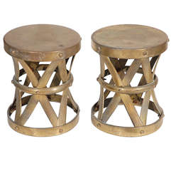 Pair of Sarried Hammered Brass Drum Tables