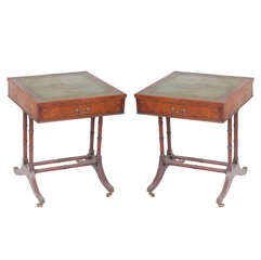 Pair of Neoclassical Burled Wood & Leather End Tables