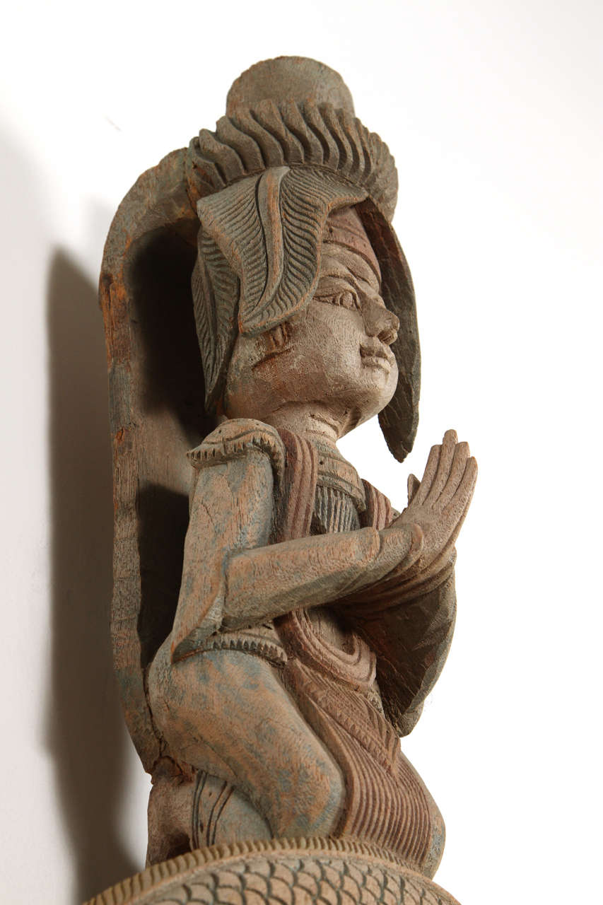 Wood Asian Thai Sculpture of Fertility Deity and Dragon