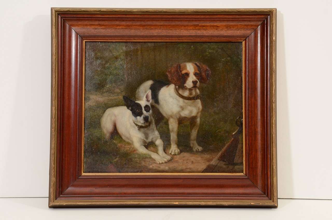 An antique 19th century oil on board portrait of two dogs by listed French artist C. M. R. Schreiber.