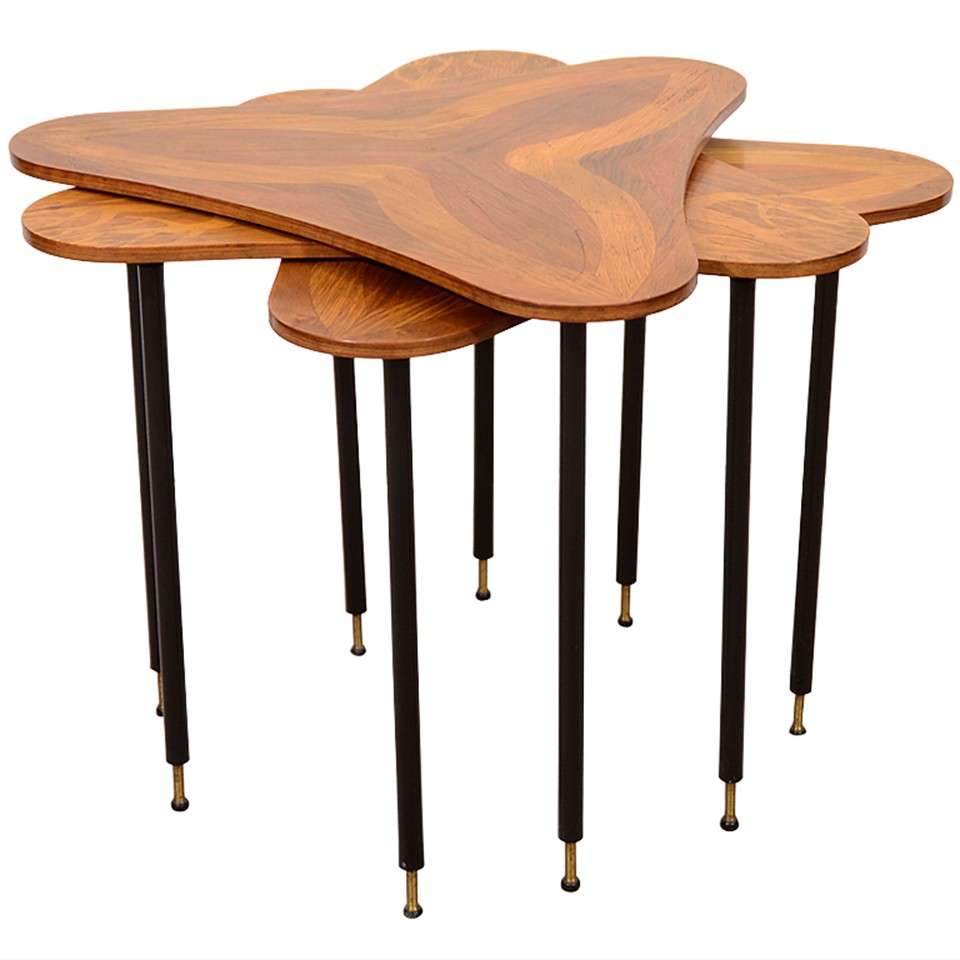 Set Of Three Mid Century Nesting Tables With Wood Inlay