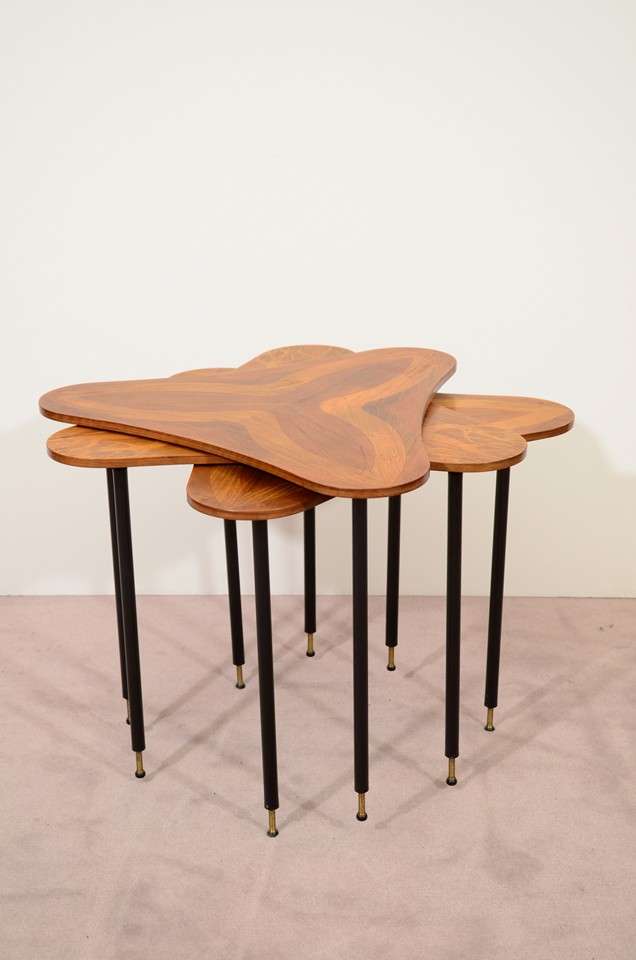 Mid-Century Modern Set Of Three Mid Century Nesting Tables With Wood Inlay