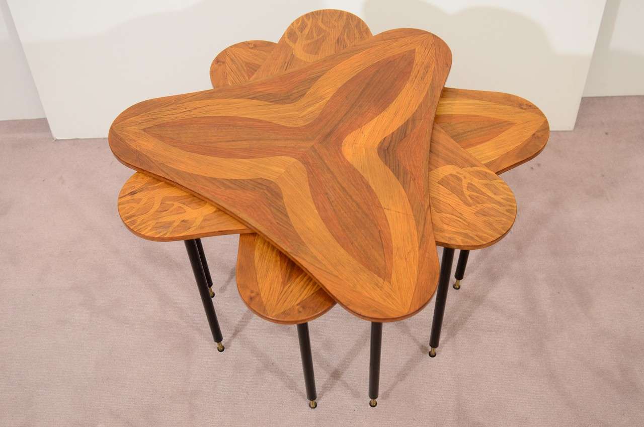 Set Of Three Mid Century Nesting Tables With Wood Inlay In Good Condition In Astoria, NY