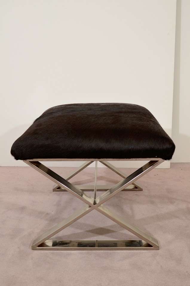 Pair of Mid Century Stools in Chrome and Hide Attr. to Maison Jansen