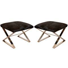 Pair of Mid Century Stools in Chrome and Hide Attr. to Maison Jansen