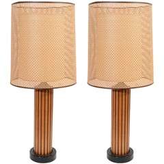 Pair of 1960s Fluted Wood Table Lamps with Rattan Shades