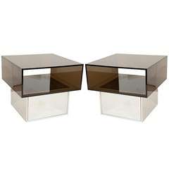 Pair of Mid Century Side Tables in Smoky Lucite and Mirror