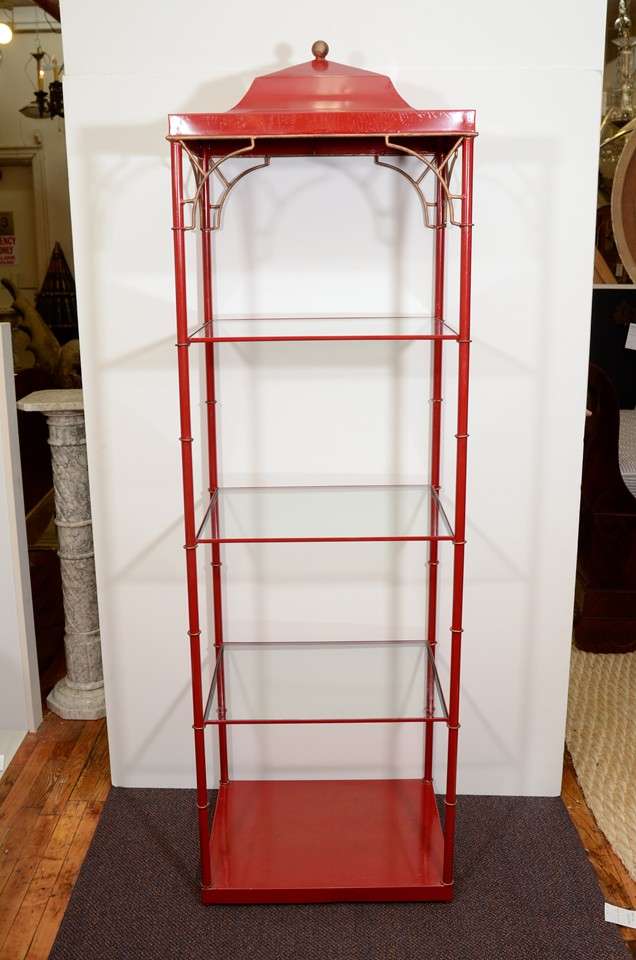Mid Century Red Lacquered Metal Pagoda Style Etagere
