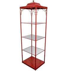 Mid Century Red Lacquered Metal Pagoda Style Etagere
