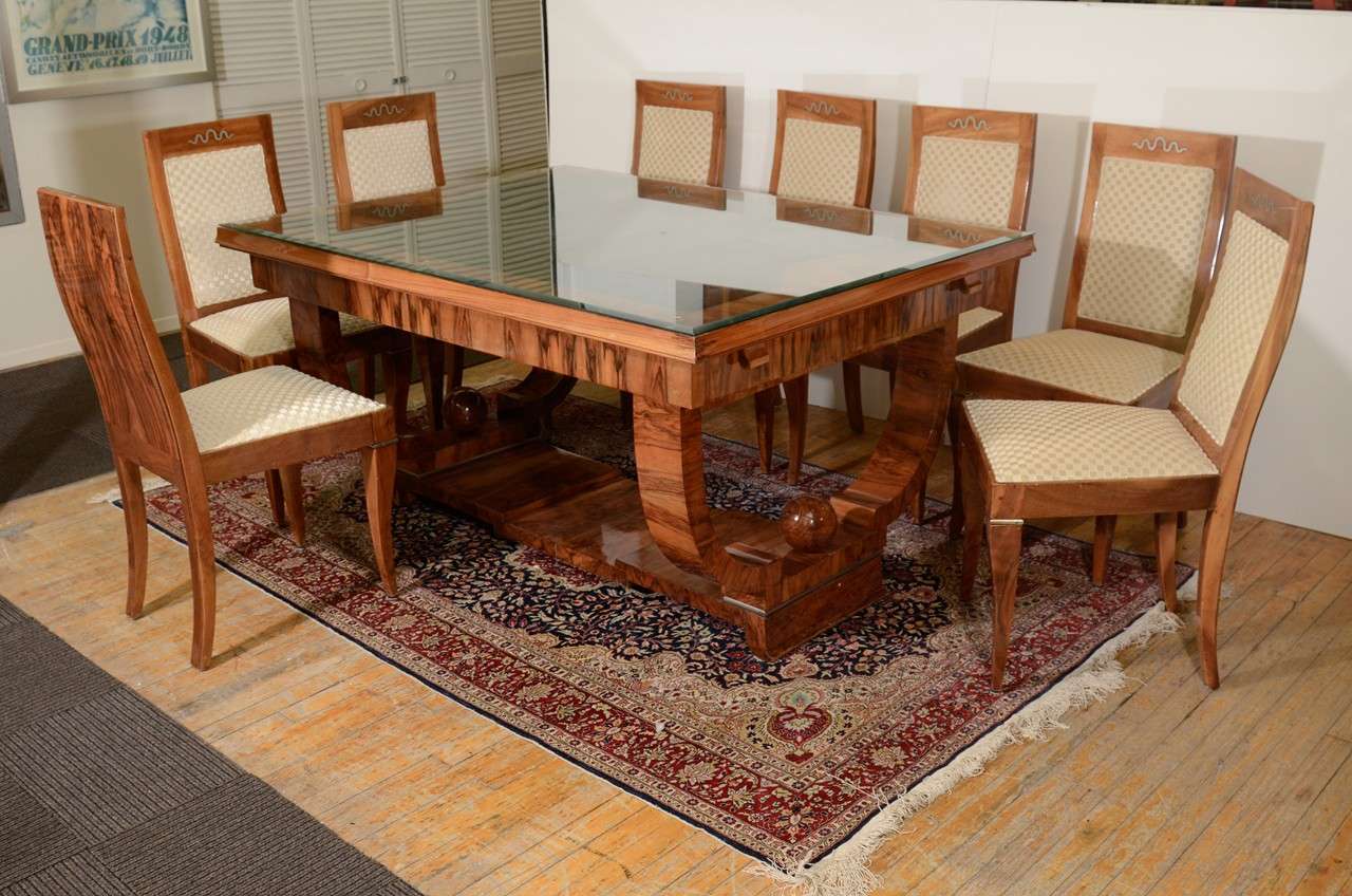 French Art Deco Walnut Dining Set with Eight Chairs